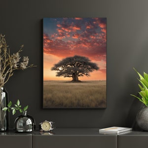 Majestic Lone Tree on African Savannah Digital Art, African Sunset Landscape Printable Wall Decor, Nature Lover Poster, Digital Download
