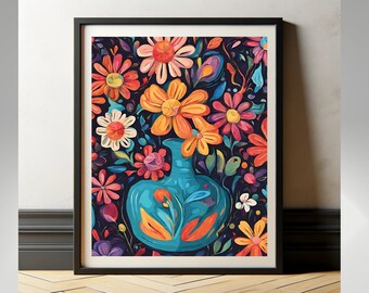 Colorful Flowers in Teal Vase Art Print: Modern Floral Home Decor (Digital Download)