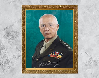 General George Patton Portrait w/ Signature Reproduction, Printable Wall Décor, Famous War Hero, World War II, Patton Poster, Army, Dad Gift