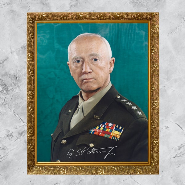 General George Patton Portrait w/ Signature Reproduction, Printable Wall Décor, Famous War Hero, World War II, Patton Poster, Army, Dad Gift