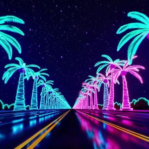 Salvapantallas animado Neon Palm Drive, animación de coche Vaporwave de los años 80, videoarte retro en bucle, descarga digital Samsung Frame TV o escritorio 4K