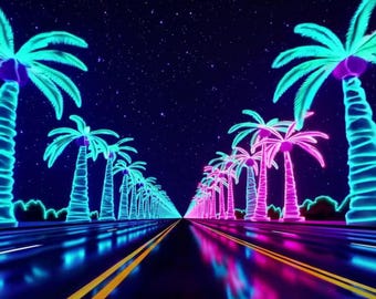 Neon Palm Drive Screensaver: 80s Vaporwave Animation, Digital Download