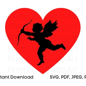 Vintage Cupid Silhouette in Red Heart, Digital Clip Art, Romantic Cupid in Heart, Romance for DIY Projects, Unique Valentine&#39;s Day Gift