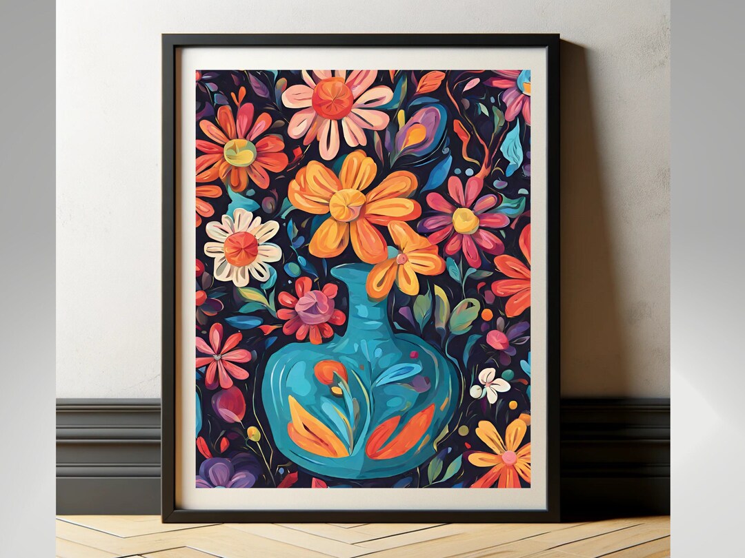 Colorful Flowers in Teal Vase Art Print: Modern Floral Home Decor ...