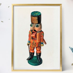 May include: A vintage wooden nutcracker toy painted in red, green, blue, and yellow. The nutcracker is wearing a tall hat with a green and gold band. The nutcracker has a large mustache and a wide smile.