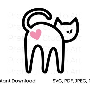 May include: Black and white line art illustration of a cat with a pink heart on its back. The cat is looking over its shoulder with a grumpy expression.
