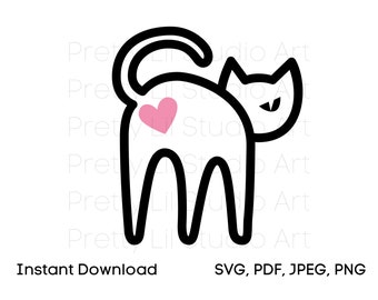 Cat with Heart Line Drawing Image File, SVG PNG Jpeg PDF, Cat Silhouette Vector Sublimation for Crafts, Kitty Logo, Funny Cat Image, Clipart