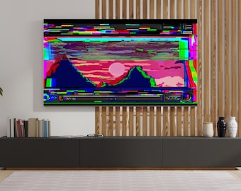 80s VHS Glitch Sunset Animated Wallpaper: Vaporwave Looping Screensaver