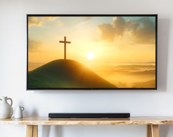 Christian Frame TV Art Cross on a Hill with Sunrise, Easter Digital Art, Instant Download for Smart TV Computer Background Religious Gift