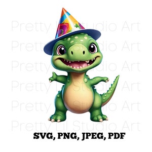 Baby Dinosaur with Party Hat SVG, Illustrated Cartoon Birthday Party Clip Art, Fun Party Logo, Printable Art, Nursery Decor, Little Boy Gift