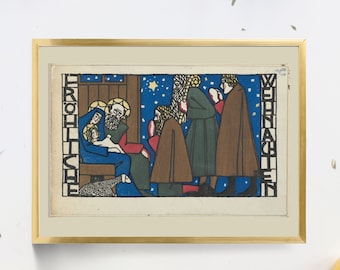 Vintage Christmas Nativity Scene Wall Decor, Three Wise Men, Baby Jesus, Mother Mary and Joseph, &quot;Merry Christmas&quot; in German, Religious Gift