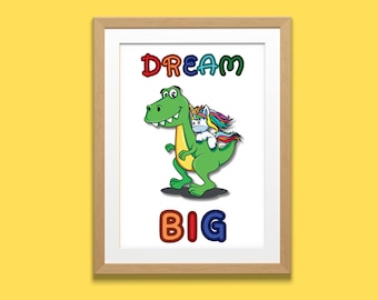 Dinosaur and Unicorn Printable Poster, Classroom Wall Décor, Printable Kindergarten Poster, Dream Big Motivational Saying, Baby Shower Gift