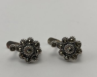 Sterling Silver Marcasite Flower Earrings, Handmade Antique Jewelry