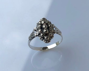 Vintage Marcasite Gemstone Cluster Ring: 925 Sterling Silver Boho Cocktail Ring