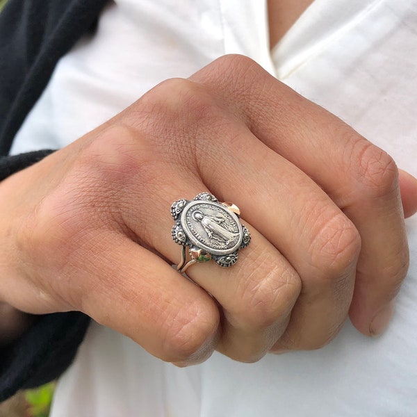 Virgin Mary Ring, 925 Silver, 9k Gold, Religious Ring, Statement Ring, Signet Ring, Unique Ring, Women Ring, Vintage Ring, Mother Mary, Boho