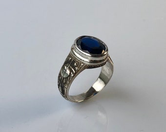 Blue Sapphire Sterling Silver Ring: Vintage Jesus Ring