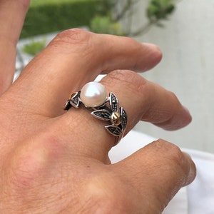 Perlenring, 9k Goldring, 925 Silberring, Vintage Ring, Cocktailring, Handgemachter Ring, Antiker Ring, einzigartiger Ehering, Statement Ring