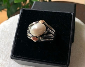 Nature Pearl Ring, 925 Silver, 9k Gold, Unique Pearl Ring, Handmade Vintage Ring, Boho Ring, One of a Kind Statement Ring, Cocktail Ring