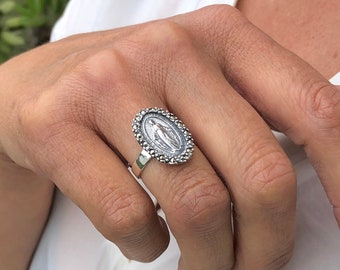 Virgin Mary Ring, Sterling Silver Ring, Adjustable Ring, Religious Ring, Statement Ring, Signet Ring, Unique Ring, Women Ring, Vintage Ring