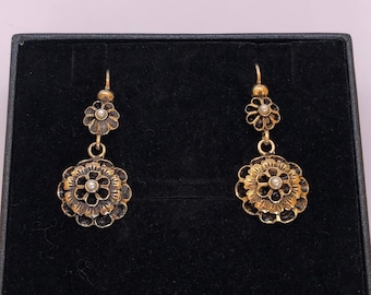 Vintage 18k Gold Plated Sterling Silver Flower Dangle Earrings, Freshwater Pearls