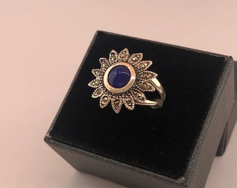 Vintage Sterling Silver Ring, Blue Agate & Marcasite, Handmade
