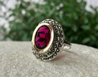 Antique Ring, 925 Sterling Silver, 9k Gold Ring, Vintage Ring, Ruby Ring, Gemstone Ring, Unique Ring, Statement Jewelry, Cocktail Ring