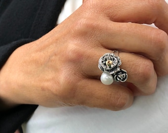 Two Roses and Pearl Ring, Sterling Silver, 9k Gold, Pearl Ring, Handmade Vintage Ring, Unique Statement Ring, Cocktail Ring, One of a Kind