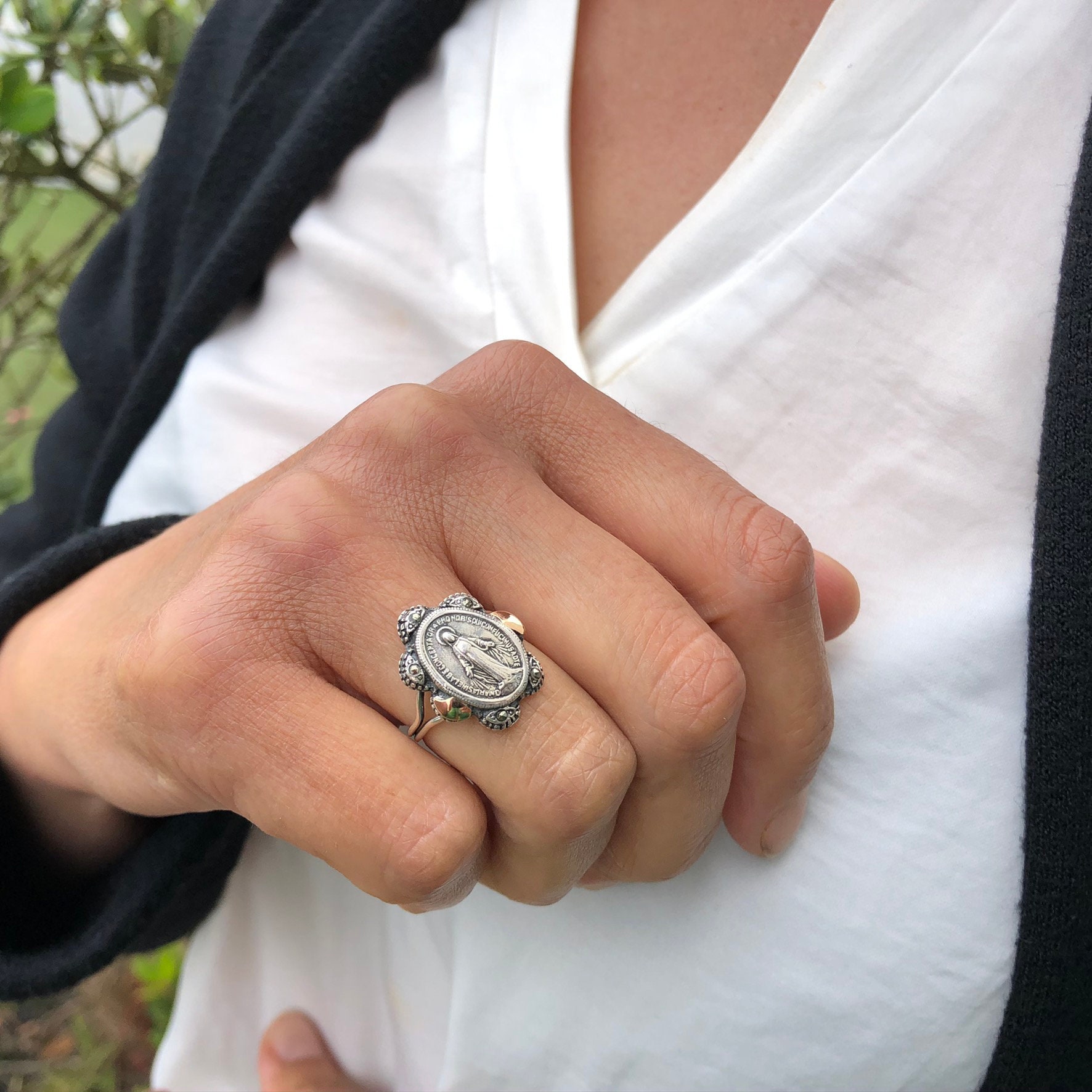 Virgin Mary Ring, 925 Silver, 9k Gold, Religious Ring Virgin Mary Ring, 925 Silver, 9k Gold, Religious Ring