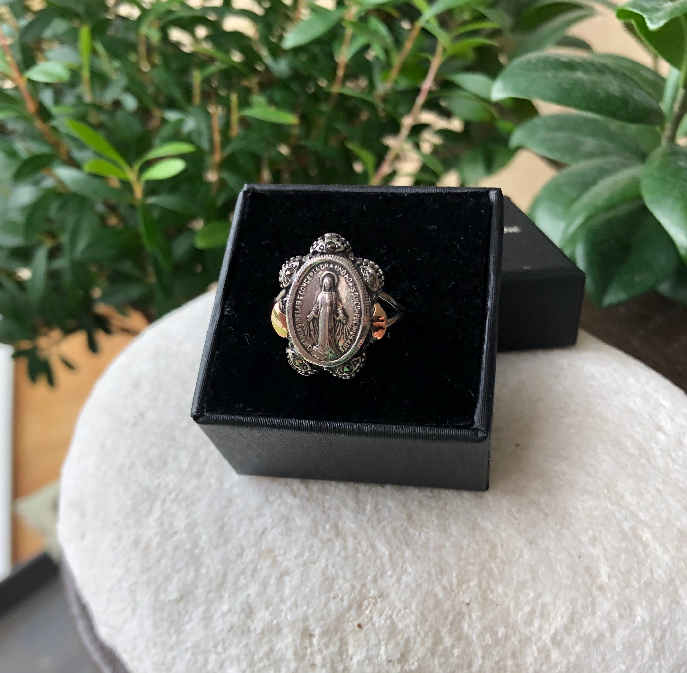 Virgin Mary Ring, 925 Silver, 9k Gold, Religious Ring Virgin Mary Ring, 925 Silver, 9k Gold, Religious Ring