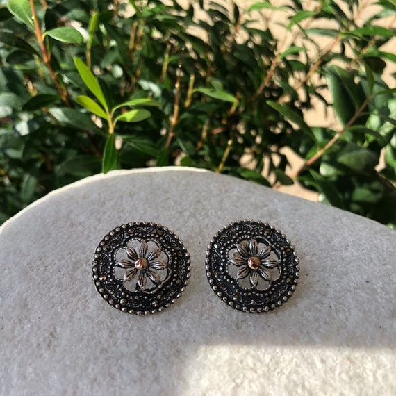 Vintage Sterling Silver Flower Earrings, 9K Gold Filled, Marcasite