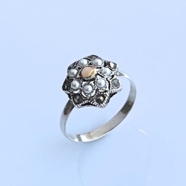 Antique Victorian Era Silver and Gold Ring, Antique Pearl Jewelry, Exclusive Handcrafted Ring, Vintage Ring, 925 Silver Ring, 9k Gold Ring