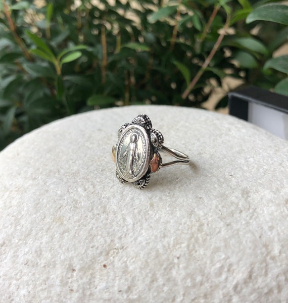 Virgin Mary Ring, 925 Silver, 9k Gold, Religious Ring Virgin Mary Ring, 925 Silver, 9k Gold, Religious Ring