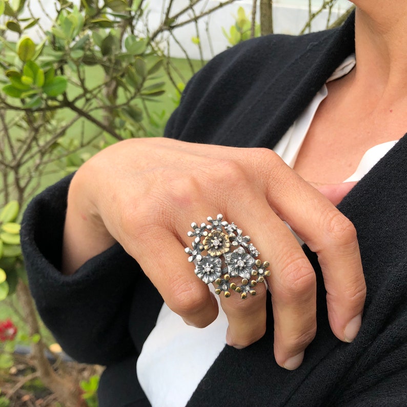 Flower Statement Ring 925 Sterling Silver Ring Flower Etsy