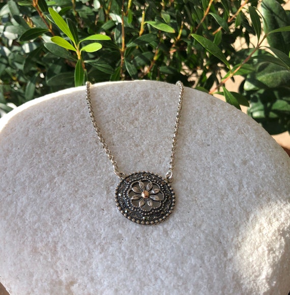 Vintage Flower Necklace, 925 Sterling Silver, 9k Gold-filled 