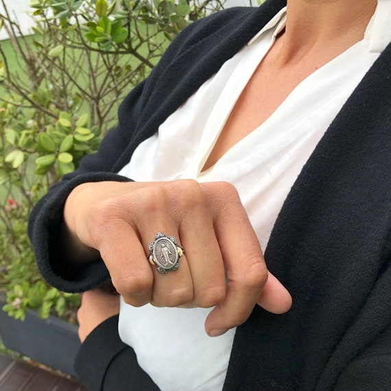 Virgin Mary Ring, 925 Silver, 9k Gold, Religious Ring Virgin Mary Ring, 925 Silver, 9k Gold, Religious Ring