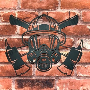 Metal art- 16 gauge steel in black- Firefighter mask with axe metal wall sign