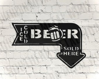 Metal art- 14 gauge steel ‘ice cold beer sold here’ Metal sign in black. Indoor or outdoor decor. Ice cold beer- Metal beer sign