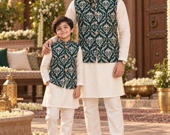 Joon Embroidery Green Koti for Boys | Koti + Kurta Pajama Set | Pakistani Indian Eid, Diwali, Wedding, Mehndi & Shaadi Outfit