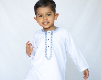 White + Blue Embroidered - Baby Boy Kurta Pajama / Shalwar Kameez / Thobe - Pakistani & Indian, Ramadan, Eid, Wedding, Shaadi, Mehendi, Holi