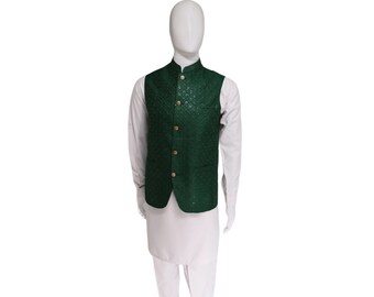 Baby/Kids Emerald Green Silk Koti Waistcoat; Ramadan, Eid, Kurta Pajama, Shalwar Kameez, Thobe; Pakistan & Indian, Wedding, Shaadi, Holi