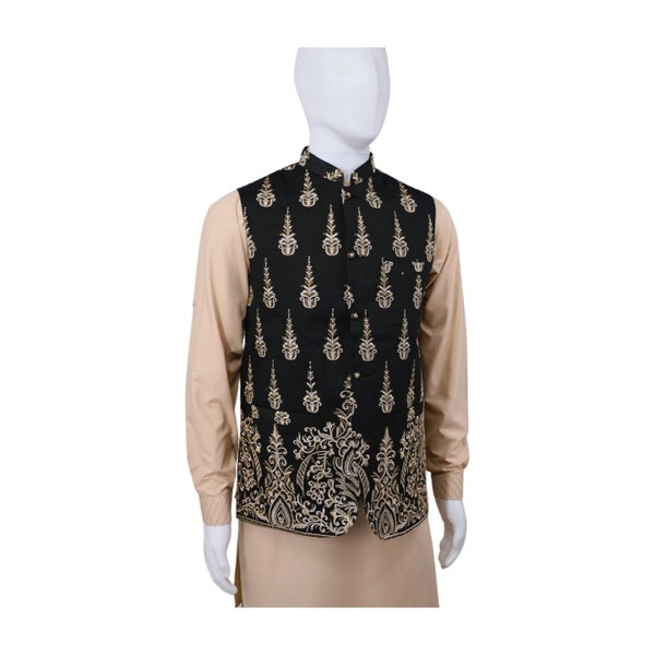 Black + Gold Embroidery Koti Waistcoat Mens; Ramadan, Eid, Kurta Pajama, Shalwar Kameez, Thobe; Pakistan & Indian, Wedding, Shaadi, Holi