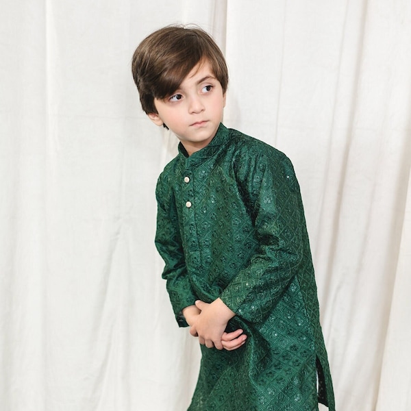 Kurta Mesori en soie vert émeraude - Pyjama Kurta / Shalwar Kameez pour bébé garçon - Pakistan, Inde, Ramadan, Eid, Shaadi, Mehendi, Holi