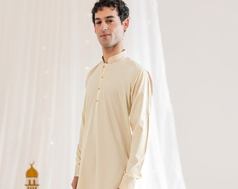 Cream Kurta Classic - Mens Kurta Pajama / Shalwar Kameez - Pakistani & Indian, Ramadan, Eid, Wedding, Shaadi, Mehendi, Holi