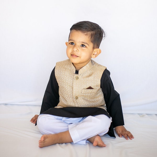 Gold Koti with Classic Kurta - Baby Boy Kurta Pajama / Shalwar Kameez / Thobe - Desi Pakistani & Indian, Ramadan, Eid, Wedding, Shaadi, Holi