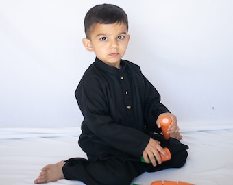 Black Kurta Classic - Baby Boy Kurta Pajama / Shalwar Kameez / Thobe - Desi Pakistani & Indian, Ramadan, Eid, Wedding, Shaadi, Mehendi, Holi