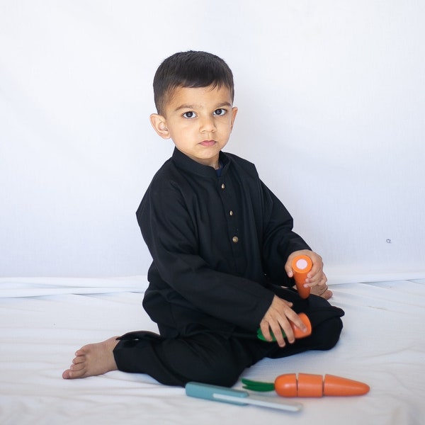Black Kurta Classic - Baby Boy Kurta Pajama / Shalwar Kameez / Thobe - Desi Pakistani & Indian, Ramadan, Eid, Wedding, Shaadi, Mehendi, Holi