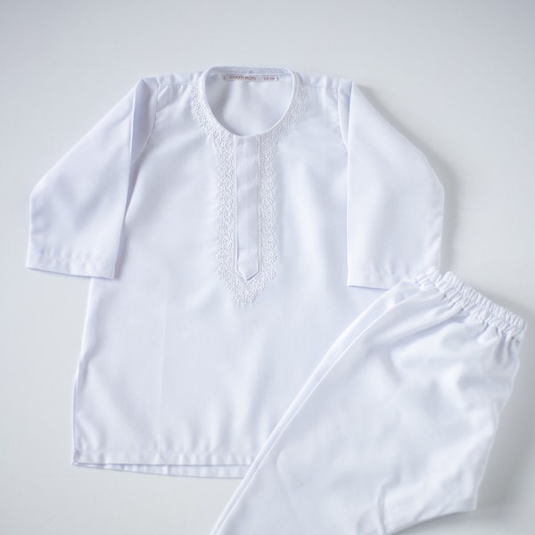 White Embroidered - Baby Boy Kurta Pajama / Shalwar Kameez / Thobe - Desi Pakistani & Indian, Ramadan, Eid, Wedding, Shaadi, Mehendi, Holi