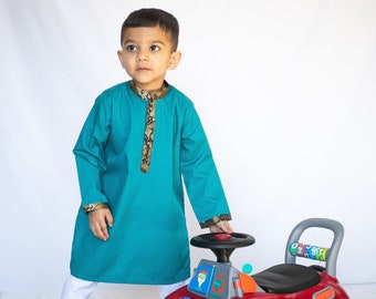 Teal Zari Border - Baby Boy Kurta Pyjama / Shalwar Kameez / Thobe - Desi Pakistani & Indian, Ramadan, Eid, Bröllop, Shaadi, Mehendi, Holi