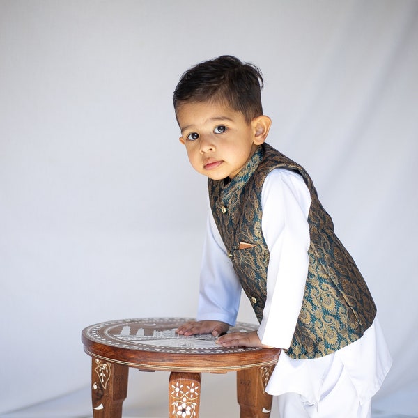 Wazir Blue Koti Set - Baby Boy Kurta Pajama / Shalwar Kameez / Thobe - Desi Pakistani & Indian, Ramadan, Eid, Wedding, Shaadi, Mehendi, Holi