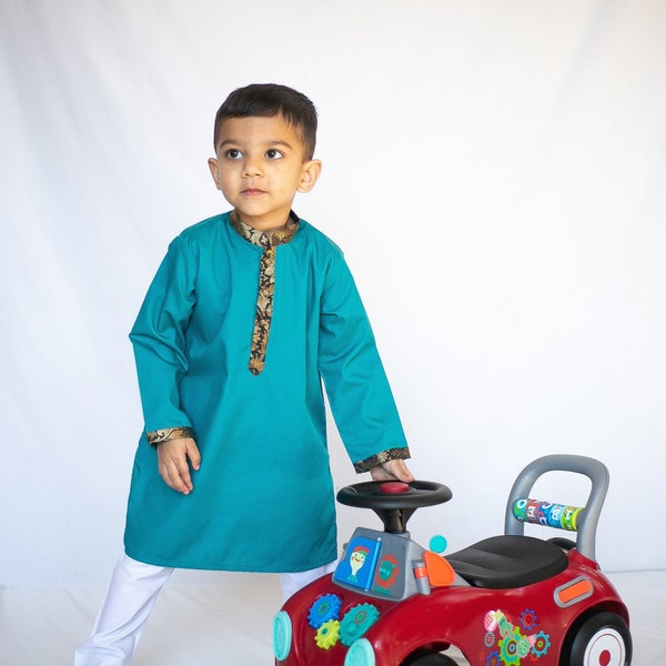 Teal Zari Border - Baby Boy Kurta Pajama / Shalwar Kameez / Thobe - Desi Pakistani & Indian, Ramadan, Eid, Wedding, Shaadi, Mehendi, Holi